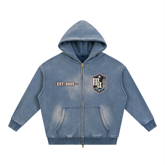 MONYUN university- Frozen Varsity Sunfade Two-way Zipper Boxy Fleece Hoodie
