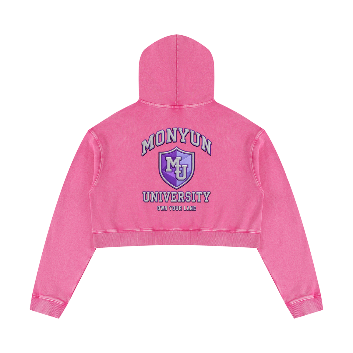 MONYUN University Women’s “Her Own Lane” Mineral Washed Crop Hoodie